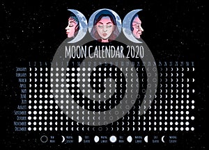 Moon calendar, 2020 year, lunar phases, cycles. Design illustrated with Triple Goddess symbol: Maiden, Mother and Crone. Vector