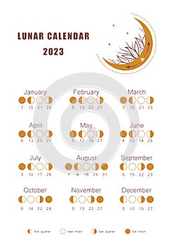 Moon calendar 2023 year. Lunar phases shedule template. Boho astrological poster. Vintage vector illustration
