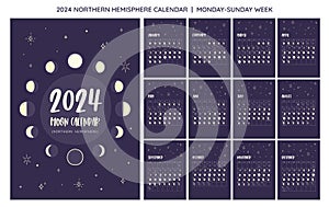 2024 Moon Calendar Northern Hemisphere. Monday to Sunday photo