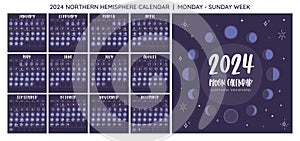 2024 Moon Calendar Northern Hemisphere. Monday to Sunday photo