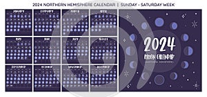 2024 Moon Calendar Northern Hemisphere. Sunday to Saturday photo