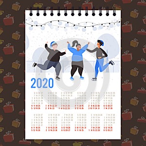 Moon 2020 calendar people skating on ice rink winter sport activity merry christmas happy new year winter holidays