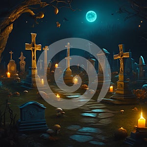 moon casts an ominous pallor upon the tombstones at alloween scary night photo