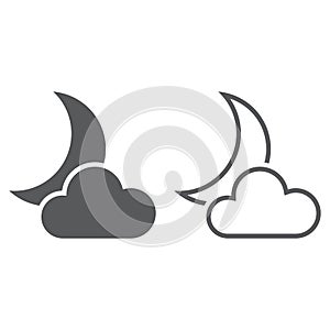 Moon and cloud icon. solid and outline vector isolated on white.