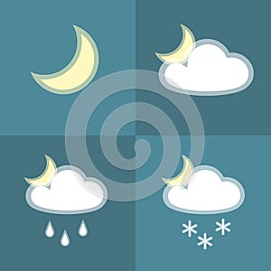 Moon cloud rain snow night simple icon Isolated on blue background Icon symbol lunar cloudy rainy snowy weather Flat design