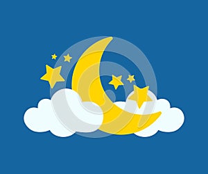 Moon Cloud and Stars in Cute Cartoon Vector for Night Sky Illustration