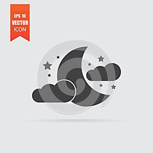 Moon,cloud and stars icon in flat style isolated on grey background