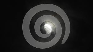 Moon with clouds in the night sky. Cloudy weather on a autumn night. Mysterious night sky with moon. Spooky night and mystery. Dr