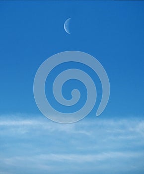 Moon and clouds observing on blue ksy