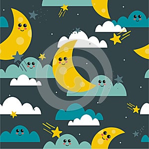 Moon, clouds and stars, colorful seamless pattern. Decorative background, night sky