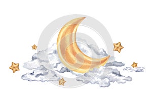 Moon in the clouds with stars vector illustration. Hand drawn clip art on white isolated background. Watercolor drawing