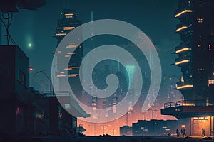 Moon Cyberpunk city in retro futuristic style. Huge futuristic buildings with neon lights, generative ai