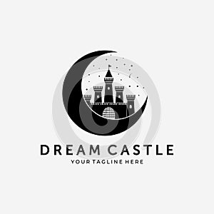 Moon Dream Castle Logo Vector Design Vintage Illustration, Perfect Moon, Beautiful Dream Castle