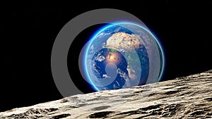 Moon and earth seen from space. Lunar surface and earth in the background. The earth seen from the moon