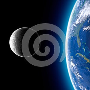 Moon and earth seen from space. Lunar surface and earth in the background. The earth seen from the moon. 50th anniversary