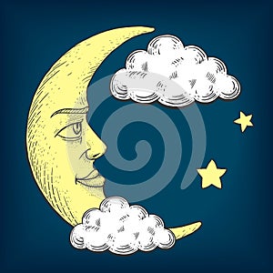 Moon with face engraving style vector illustration