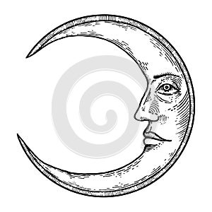 Moon with face engraving style vector illustration