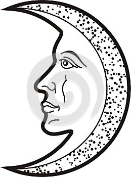 Moon with face. Heraldic sybol and tattoo.Black white silhouette