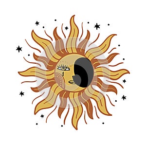 Moon with face and tear, golden rays. Vector medieval illustration, colored boho tattoo, mystical symbol. Flat icon