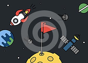 Moon with flag and universe around - rocket, earth, satellites and space station retro style, achievement or success