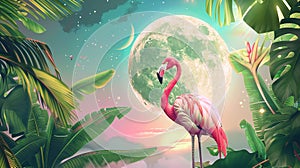 moon and flamingo background design with tropical palm tree