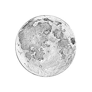 Moon full phase, illustration sketch style, full moon image on white background.