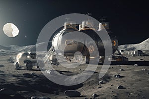 the moon, in the future, with a lunar base and rover visible