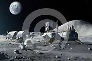 the moon, in the future, with a lunar base and rover visible