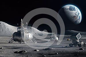 the moon, in the future, with a lunar base and rover visible