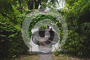 Moon gate in a Chinese garden in South Lake scenic area in Jiaxing, China