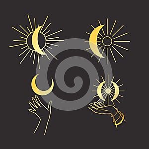 Moon goold Mystical logo. Vector Illustration. Minimalist Line art Style.