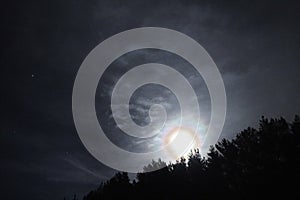 Moon halo night sky stars and blue clouds over forest