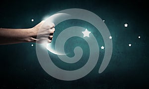 Moon in hand . Mixed media