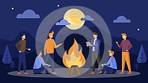 With the moon hanging low in the sky a group of workers gathers around a small bonfire enjoying a moment of rest before photo