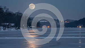 The moon hangs low in the night sky its pale light dancing across a frozen lake and creating an otherworldly atmosphere