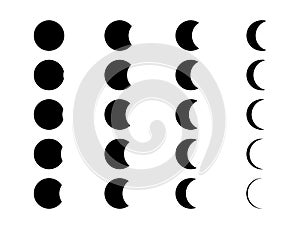 Moon icon phases of set. Crescent black sign isolated on white background