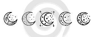 Moon icons set. Moon phase symbol. Crescent icon. Crescent icons set. Vector illustration.