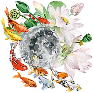 Moon, Lotus flowers, kio fish watercolor composition