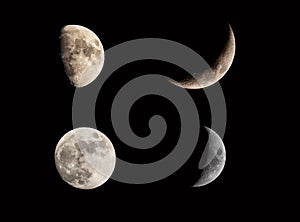 Moon lunar eclipse phases collage set on black sky. Crescent and full moon. Moon cosmic textures for your project.