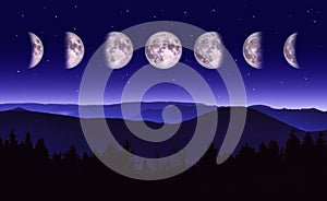 Moon or lunar phases illustration. Scenic Night landscape of the different phases of the moon