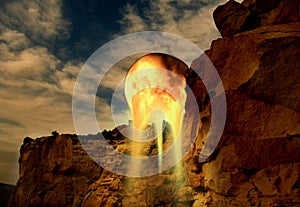 Moon Melting over Side of Sandstone Cliff