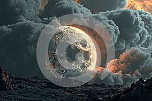 The moon The moon explodes, surreal landscape