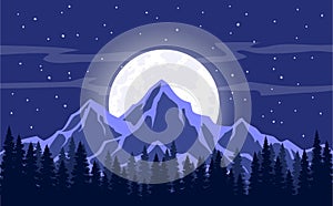 Moon, Moonlight, Rocky Mountains and Pine trees forest Background Vector Illustration