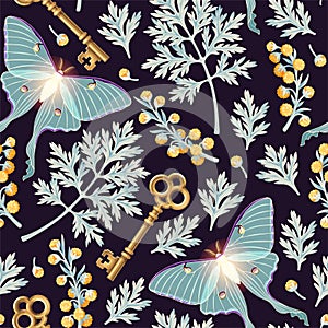Moon moth and flowers vector seamles pattern