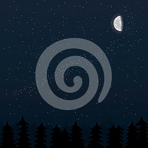 Moon, night forest and stars