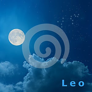 Moon in the night sky with design zodiac constellation Leo