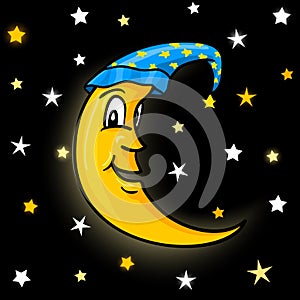 Moon in nightcap with stars