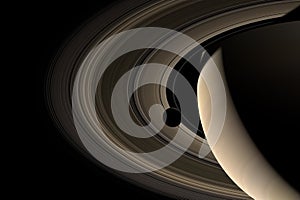 Moon orbiting around the Saturn planet. 3d render