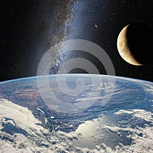 Moon over the earth, on the background of milky Way. Elements of this image furnished by NASA