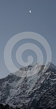 Moon over Kangtega snow mountain, Everest trek, Himalayas, Nepal